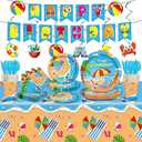 Qyeahkj 184 Pcs Beach Party Supplies Plates Napkins Set Includes Summer Plates Napkins Cups Tablecloth Swirls Banner Tableware Kit Beach Hawaiian Pool Birthday Decorations Favors for Kids, Serve 25