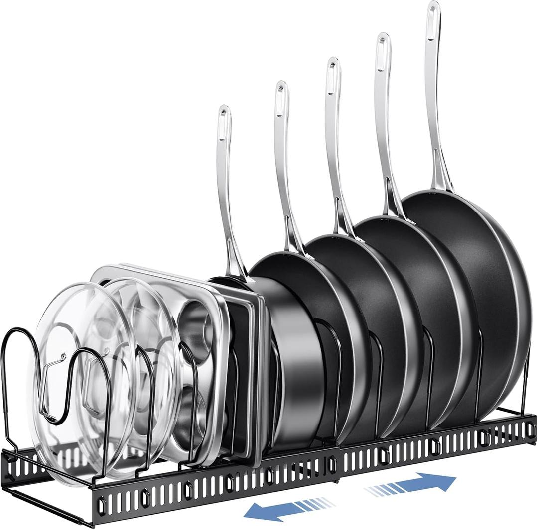 ORDORA Pots and Pans Organizer under Cabinet with Pot Lid Organizer, Expandable Rack for Pan and Pot Organizers Inside Cabinet, 12"-23" Adjustable with 10 Dividers for Kitchen Organization, Black