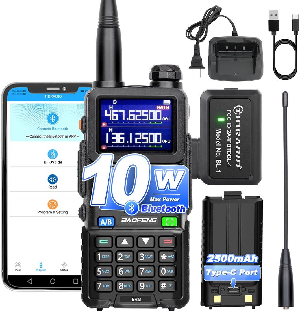 BAOFENG 5RM 10W Long Range Ham Radio with TIDRADIO Portable Wireless Programmer Upgraded UV-5R Handheld 8 Bands&NOAA Weather Receiver, Frequency Copy, 2500mAh TypeC Battery