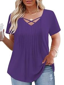 Women Plus Size Tops Trendy Short Sleeve T Shirts Summer V Neck Dressy Loose Fit Pleated Blouses XL Dark Purple