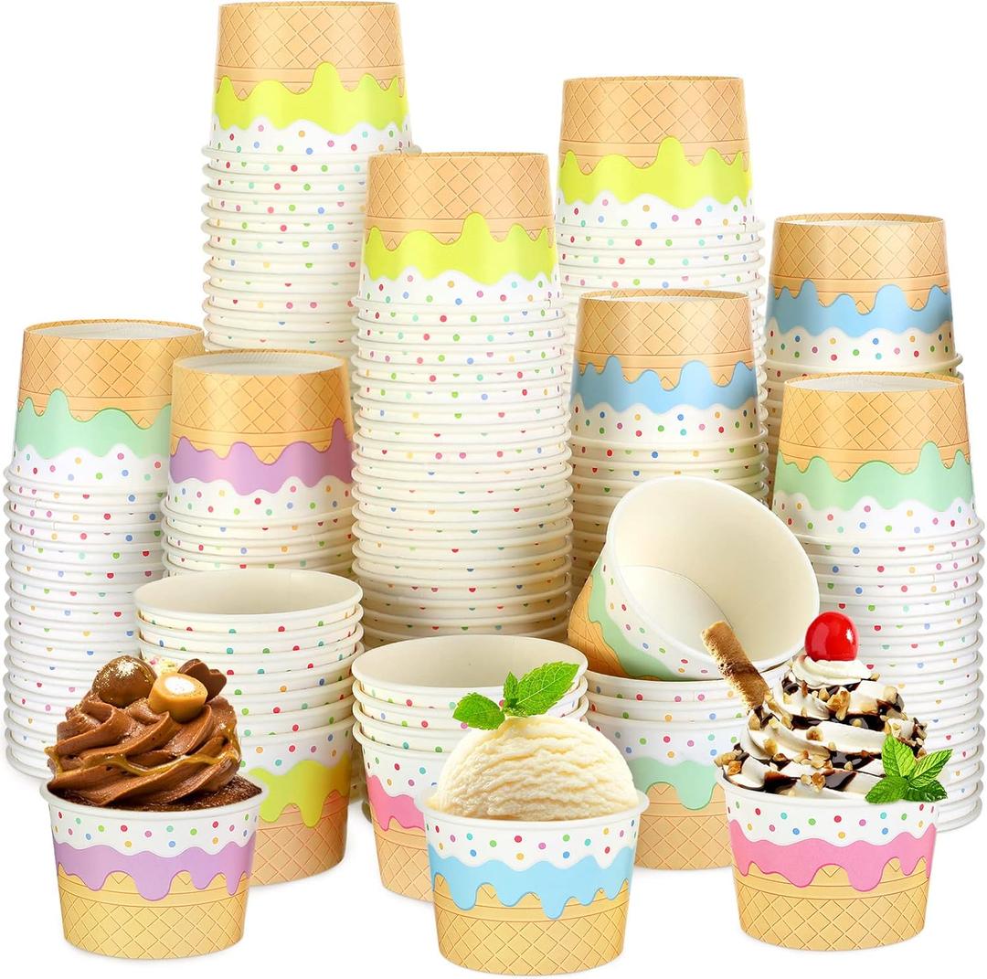 Panelee 100 Pcs Ice Cream Bowls 9 oz Ice Cream Cups Disposable Ice Cream Containers Sundae Bowls Paper Dessert Bowls for Summer Birthday Party Yogurt Soup Food Supplies (Ice Cream Style)