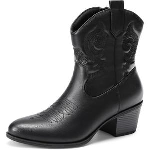 DREAM PAIRS Women's Western Cowboy Cowgirl Embroidered Ankle Boots Fashion Low chunky Heel Round Toe Fall Short Booties Shoes 8