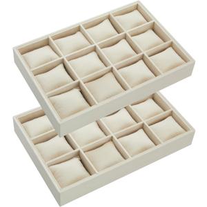  2 Pieces 12 Grid Velvet Watch Tray Jewelry Organizer Stackable Watch Bracelet Bangle Display Holder Adjustable Pillow(Beige)