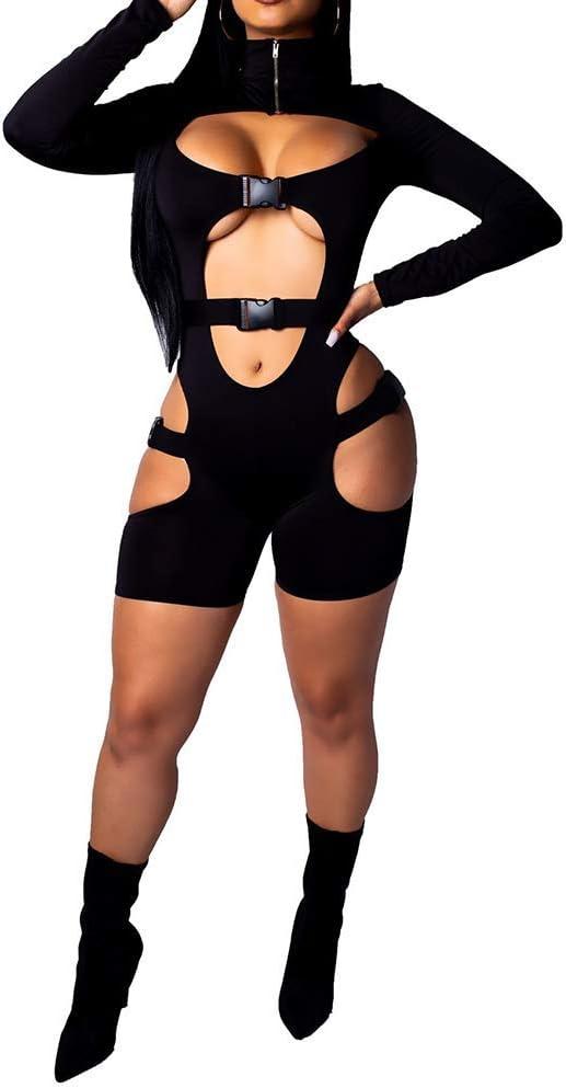 Yeshire Women's Bodycon Bag Buckle High Neck Long Sleeves Sexy Hollow Out Rompers Jumpsuits Clubwear, X-Large Black