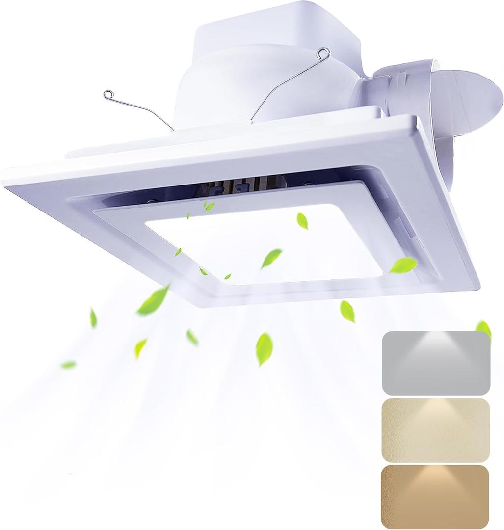 Bathroom Fan with Light, Ceiling Mount Quiet Square Bathroom Exhaust Fan with Color Change Light 3000K/4000K/6000K, Home Vent Fan and Light Combo, 1.0 Sones 110 CFM 110V 4" Duct