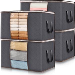 Lifewit 4 Packs Clothes Storage Bag, Storage Bins for Clothes, Blankets, Comforters, Foldable Clothing Storage with Reinforced Handle, Sturdy Zipper, Closet Organizer With Clear Window, Gray, 60L