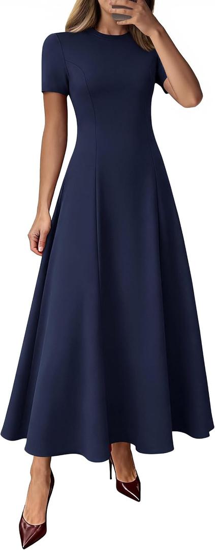KIRUNDO Wedding Guest Dresses for Women 2026 Spring Summer Short Sleeve Pleated Long Flowy A Line Formal Maxi Dress Pockets(Navy Blue, Large)