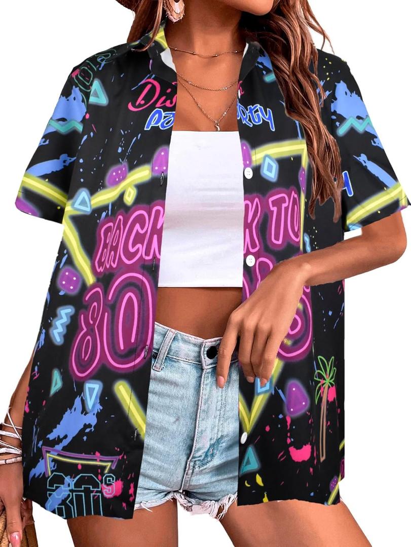 80s 90s Outfits Shirt Women Retro Disco Party Button Up Tshirt Hawaiian Beach Short Sleeve Blouse Top (X-Large)