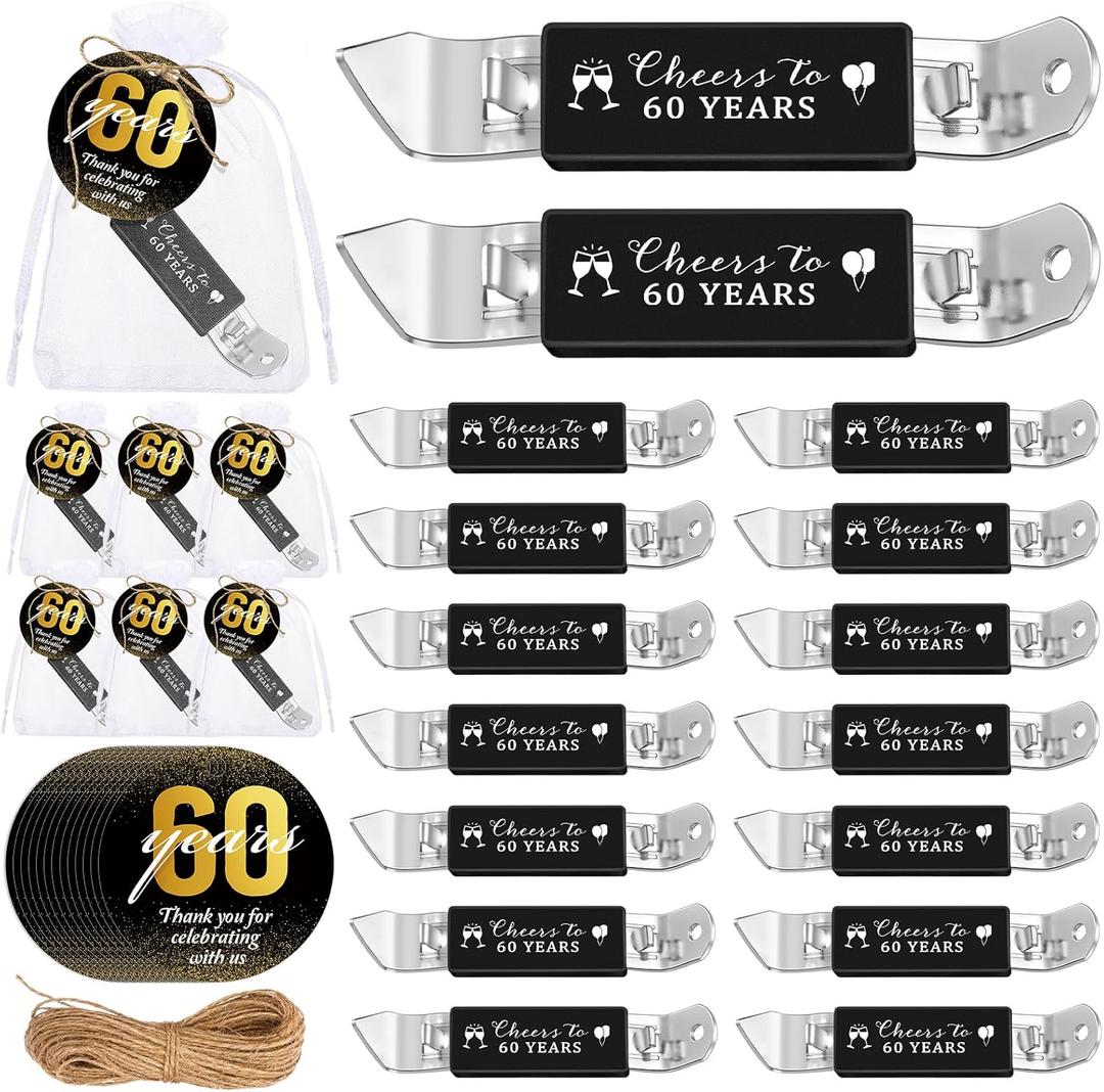 Teenyyou 25 Sets 60th Birthday Party Favors for Guests 60th Magnetic Bottle Opener Multifunctional Jar Can Opener Thank You Cards Bag with Twine for Anniversary Party Favors Wedding Shower