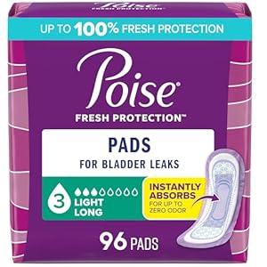 Poise Incontinence Pads & Postpartum Incontinence Pads, 3 Drop Light Absorbency, Long Length, 96 Count (4 Packs of 24),