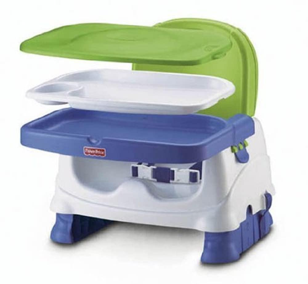 Fisher-Price Toddler Booster Seat Healthy Care Deluxe Blue Adjustable Chair for Dining Table & Travel with Baby, Dishwasher Safe Tray