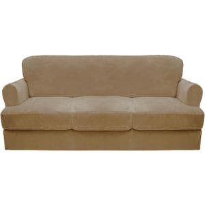 CUCRAF T Cushion Sofa Cover 4 Piece Slipcovers, Soft Thick Velvet Couch Cover for Living Room, Washable High Stretch Furniture Protector with 3 Cushion Slipcover, (Sofa, Taupe)