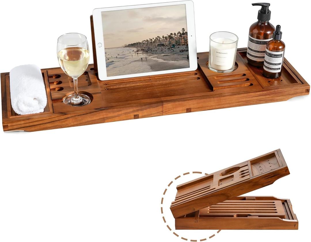 Teak Bathtub Tray | Adjustable Width Tray with Wine Holder, Tablet/Phone & Book Stand, Splash-Proof for Bath Time- Natural