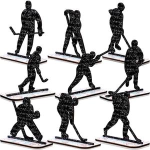 Geelin 9 Pcs Hockey Birthday Table Decoration Wooden Hockey Party Decoration Centerpieces Sports Table Sign Glitter Players Silhouette Ice Puck Tiered Tray Decor for Club Sport Birthday Party Supplies