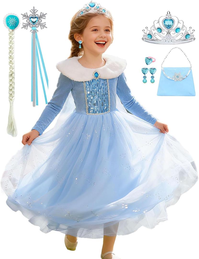 Princess Costume for Girls Snow Princess Dress Up Kids Winter Halloween Birthday Party Blue Outfits (5-6 Years)