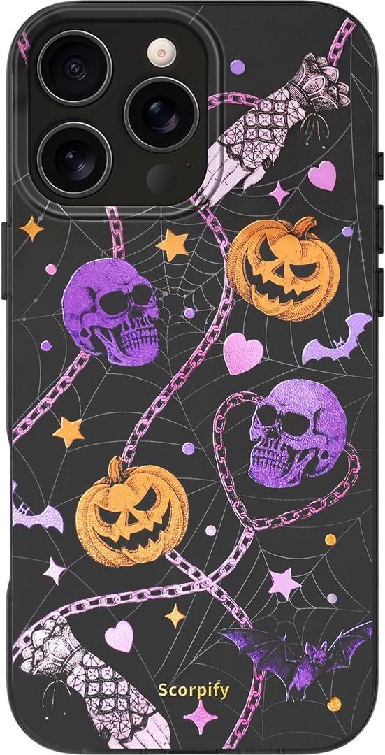 SCORPIFY for iPhone 16 Pro Max Case [Compatible with MagSafe] with Gothic Halloween Haunted Pumpkin, Cute Cosmic Orange Magnetic Phone Cover for Women Girls, Pink Purple Glitter Sparkle Gold Bumper