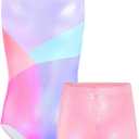 TENVDA Gymnastics Leotards for Girls Matching Shorts Sets Size 8-9 Years Old Sparkly Blue Pink Sleeveless Bodysuits