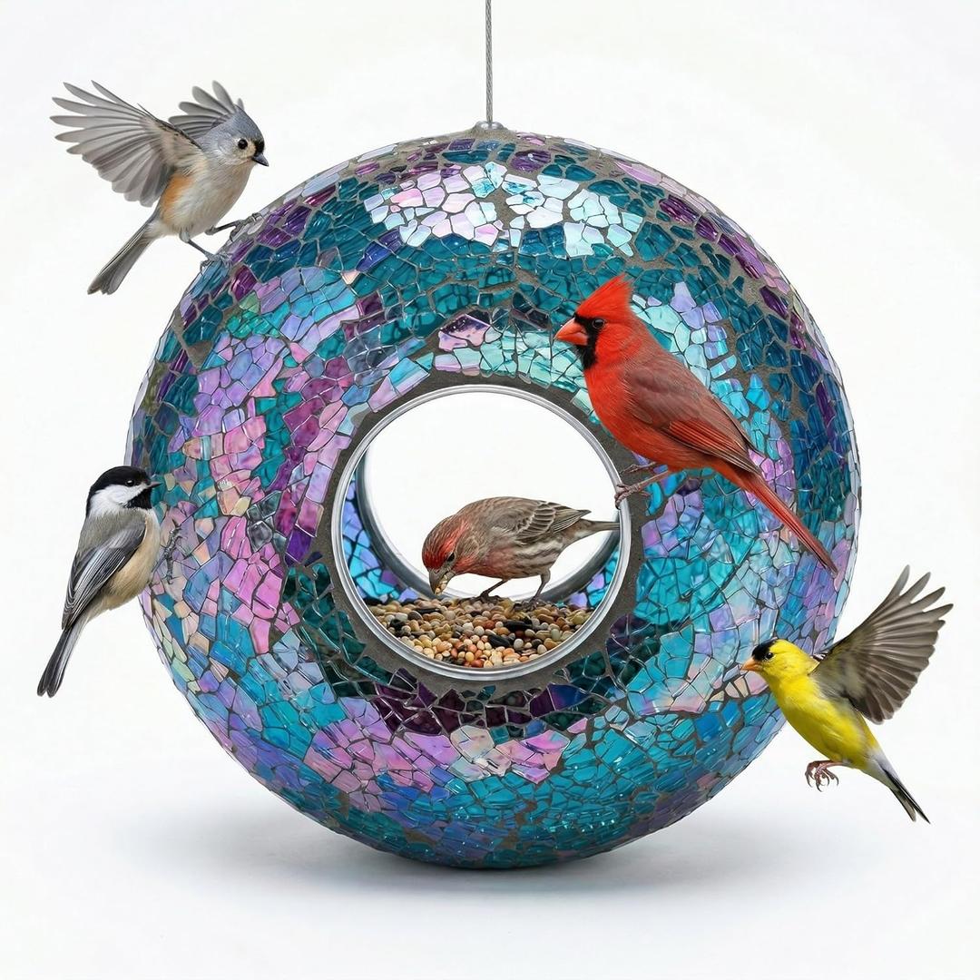 Topadorn Mosaic Bird Feeder Fly Through Hanging Birdfeeder for Wild Bird, 9-Inch Blue Bird Feeder for Gardens, Yards, Decks to Attract Wild Birds