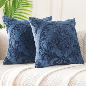 HPUK Throw Pillow Covers with Damask Embroidered Pattern, 18x18 inch, Pack of 2 European Retro Navy Blue Square Decorative Accent Cushion Covers for Living Room, Sofa