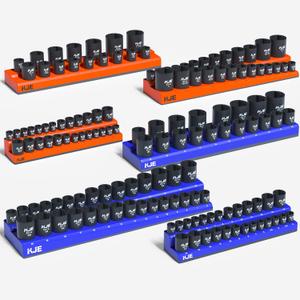 KJE Magnetic Socket Organizer Set 6 Piece, Magnetic Socket Holder Includes 1/4", 3/8", 1/2", Holds 143 Pieces Metric and SAE Socket Trays for Tool Box Drawer (Orange & Blue)