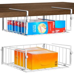 2 Pack Hanging Under Shelf Storage Basket,Adjustable Under Cabinet Add-on Storage Racks Slide-in Baskets Organizer for Laundry Room Kitchen Pantry Desk Bookshelf, White