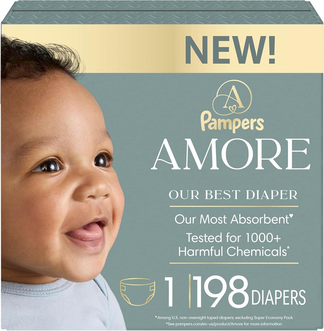 Pampers Amore, Size 1 (8-14 lbs), 198 Count, Our Best Diaper Hypoallergenic & Fragrance Free, Up to 100% Leakproof, Soft as Cashmere