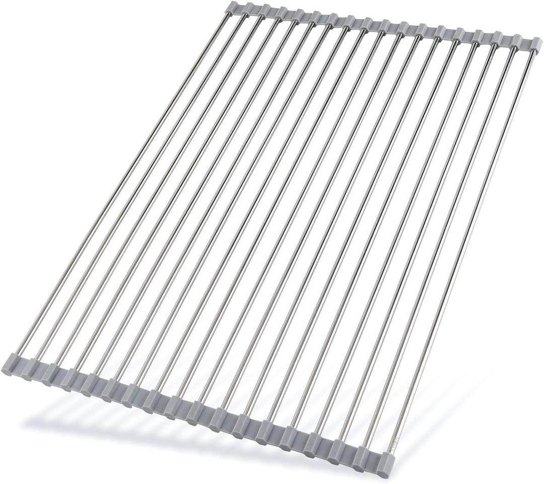 Roll Up Dish Drying Rack 20.5"(L) x 13.8"(W) - Stainless Steel and Silicone Dish Drying Mat Over The Sink Foldable Drain Rack Multipurpose Dish Drainer Extra Large, Gray