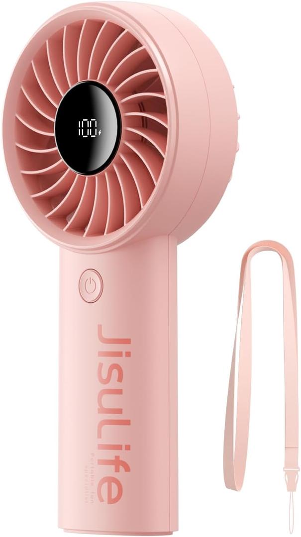 JISULIFE Handheld Portable Fan, Stronger and Longer-Lasting: 5 Speed, 3600mAh Battery, 12-Blade Turbo For Powerful Wider Wind, LED Display, Rechargeable Personal Fan for Travel Concerts Makeup-Pink