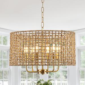 Boho Rattan Golden Chandelier Light Fixture Vintage 6-Lights Farmhouse Hand-Woven Bamboo Chandelier Rustic Drum Wicker Gold Chandeliers for Dining Room, Kitchen Island, Bedroom, E12