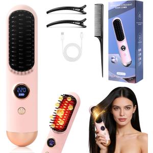 2026 Hair Straightener Brush, Cordless Hair Straightener Brush for Short Hair, Mini Portable Straightening Hair Comb Brush with 9 Temps Fast Heating for Women, Travel Size Hair Styling Tool (Pink)