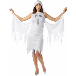 Seasons Shimmer Ghost Costume For Adult, White Hooded Halloween Dress With Black Light Effect (Medium)