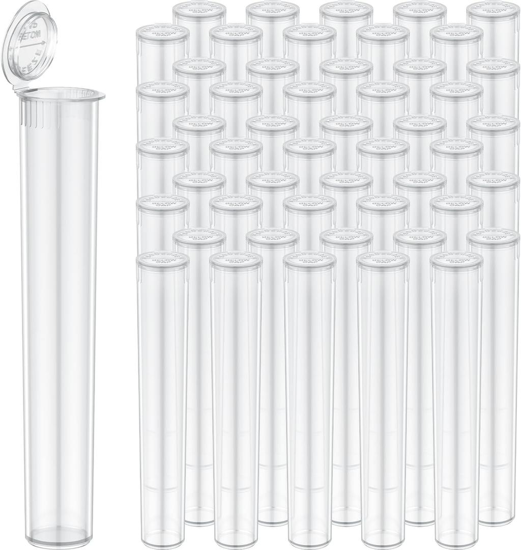 116mm Tubes Clear King-Size Plastic Storage Pre Roll Tube Vials with Squeeze Pop Top (50 Pack), Waterproof Odor Sealing Plastic Container Holder Fits Raw Cones 110mm 109mm