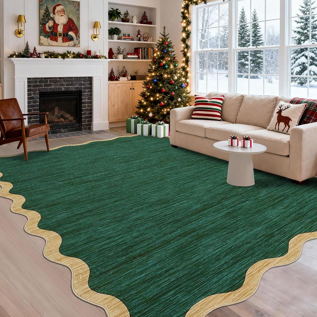 GarveeHome Washable Rug 8x10 Area Rugs for Bedroom Farmhouse Scalloped Living Room Rug Non Slip Large Area Rug Low Pile Throw Rugs Stain Resistant Carpet for Dining Room, Green 8 ft x10 ft