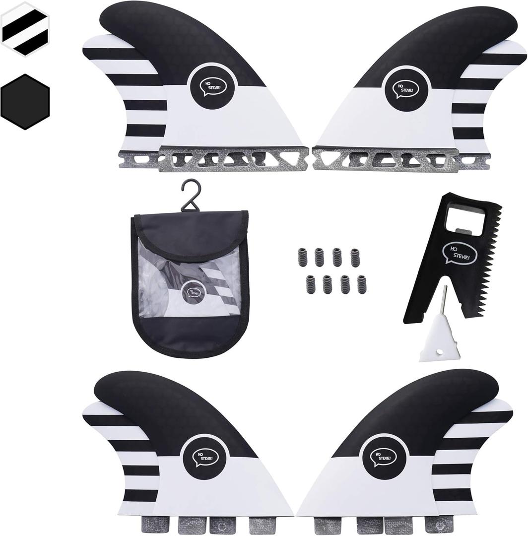 Ho Stevie! Quad (4) Surfboard Fins - High Performance HexCore - Built for Speed and Drive - [Choose Base] with Fin Key, Screws, Wax Comb and Travel Case (Single Tab, Black with White Stripes)