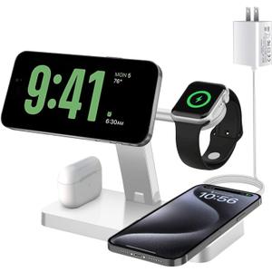 Magnetic Charging Station,PDKUAI for MagSafe 4 in 1 Fast Wireless Charger Stand for iPhone 16,15,14,13,12 Pro/Max/Mini/Plus,Apple Watch 10/9/8/7/6/SE/5/Ultra and Airpods Pro/4/3 with Adapter-White