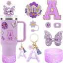 2 x 17PCS Cup Accessories Set for Stanley Cup 30oz 40oz Tumbler with Handle, Including Silicone Straw Cover and Boot, Spill Proof Stopper, Stanley Charms, Embroidery Stickers, Handle Charm (Letter A)