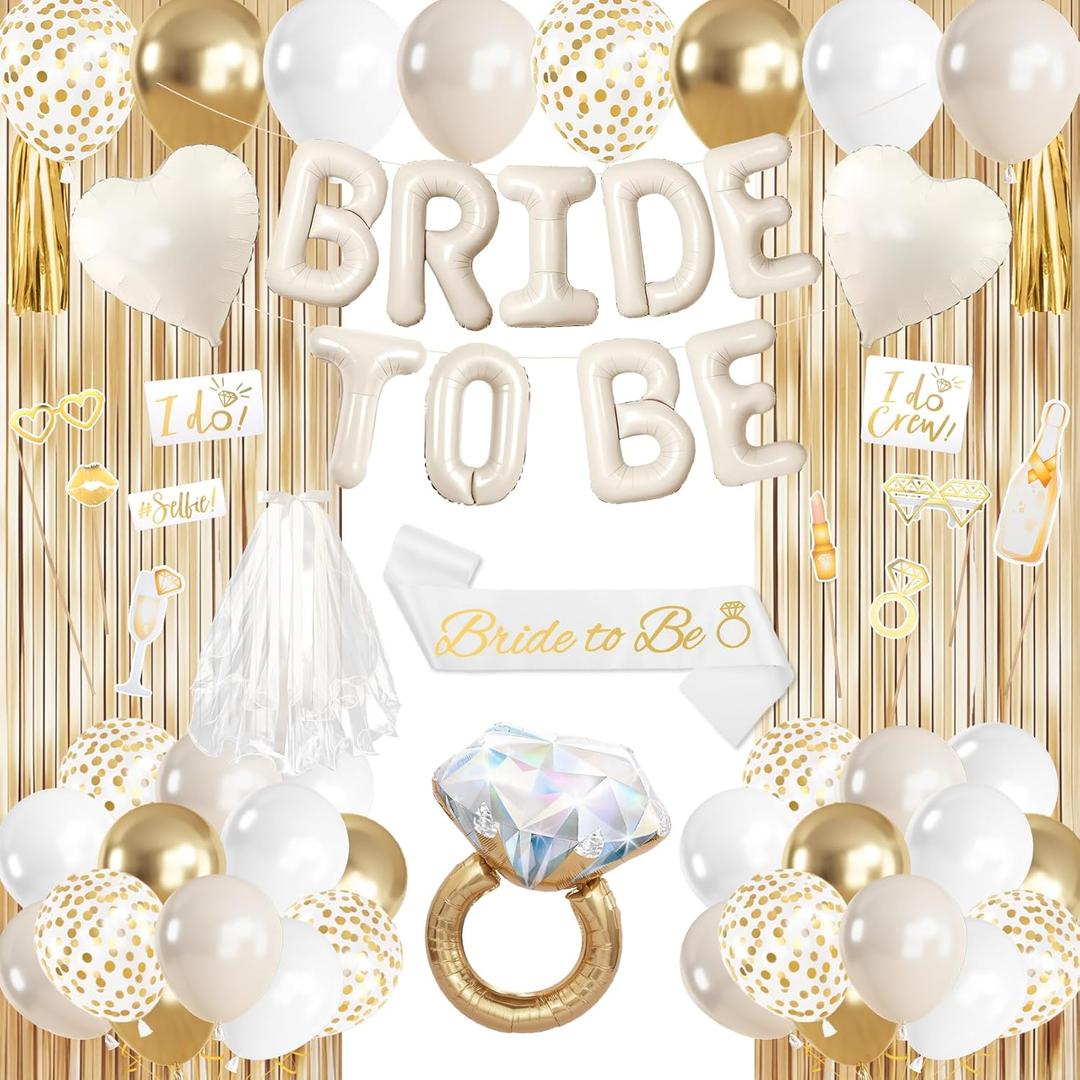 Amandir Bachelorette Balloons Decorations, White Sand Bridal Shower Balloon Decorations Foil Ring Gold Cream White Heart Balloon To Be Sash Veil Photo Booth Props for Engagement Wedding