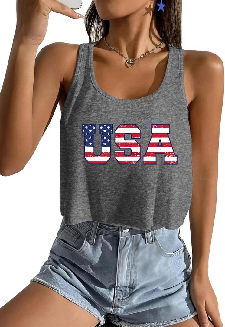 Women's American Flag Tank Top, USA Patriotic Sleeveless Crop Tops, 4th of July Camis Shirt (L)