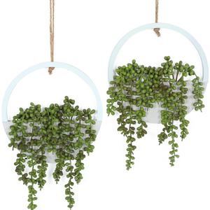 Artificial Hanging Plants Hanging Planter Fake Succulents Artificial String of Pearls with Pot and Lanyard for Home Office Wall Decoration (2 Pcs, Green)