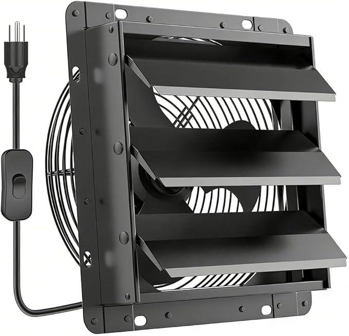 HG Power 10 Inch Shutter Exhaust Fan, 647CFM Quiet Garage Exhaust Fan with 8 Foot Long ON/OFF Switch Cable for Chicken Coop, Shed, Basement, Gable, Kitchen, Attic Ventilation Use, Black