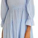 R.Vivimos Women's Summer Cotton Plaid Puff Sleeves Bow Casual Off-Shoulder Boho Midi Dress (Sky blue)