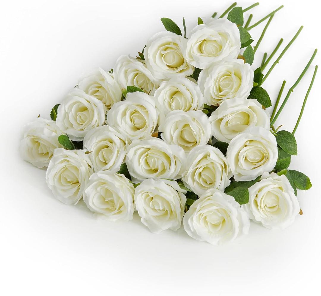 PARTY JOY 20PCS Artificial Flowers, Silk Flower Realistic Roses Bouquet Long Stem Fake Flower for Home Decor Wedding Decoration