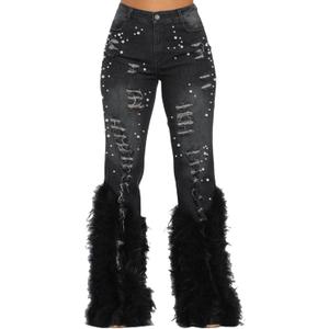 Tbahhir Women's Skinny Ripped Jeans Pearl Distressed Stretchy High Waisted Tassels Slim Fit Denim Pants Y2K Streetwear (Large, Black)