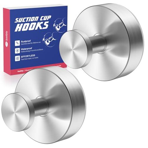 KaloTidy Heavy-Duty Suction Cup Hooks for Shower, Bathroom, Glass, Smooth Tile – Waterproof, Rustproof, Removable, Strong Hold, No-Drill Hooks for Towels, Loofah, Robes (Brushed Silver, 2-Pack)