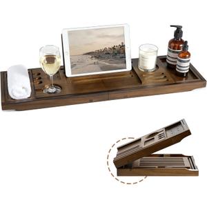 Teak Bathtub Tray | Adjustable Width Tray with Holder, Tablet/Phone & Book Stand, Splash-Proof for Bath Time- Walnut
