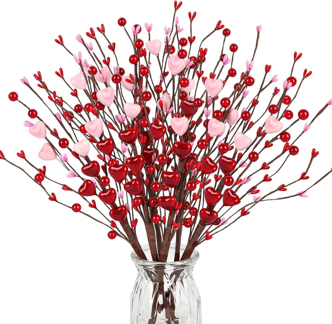 N&T NIETING 6 Valentines Day Decorations Artificial Flowers Berry Twig Stem, Heart Shaped Berry Picks Fake Flowers Bulk Branches Valentine's Day Gifts Anniversary Wedding Home Decor(Mix)