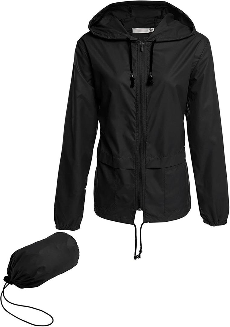 Avoogue Raincoat Women Lightweight Waterproof Rain Jackets Packable Outdoor Hooded Windbreaker (Medium, Black)