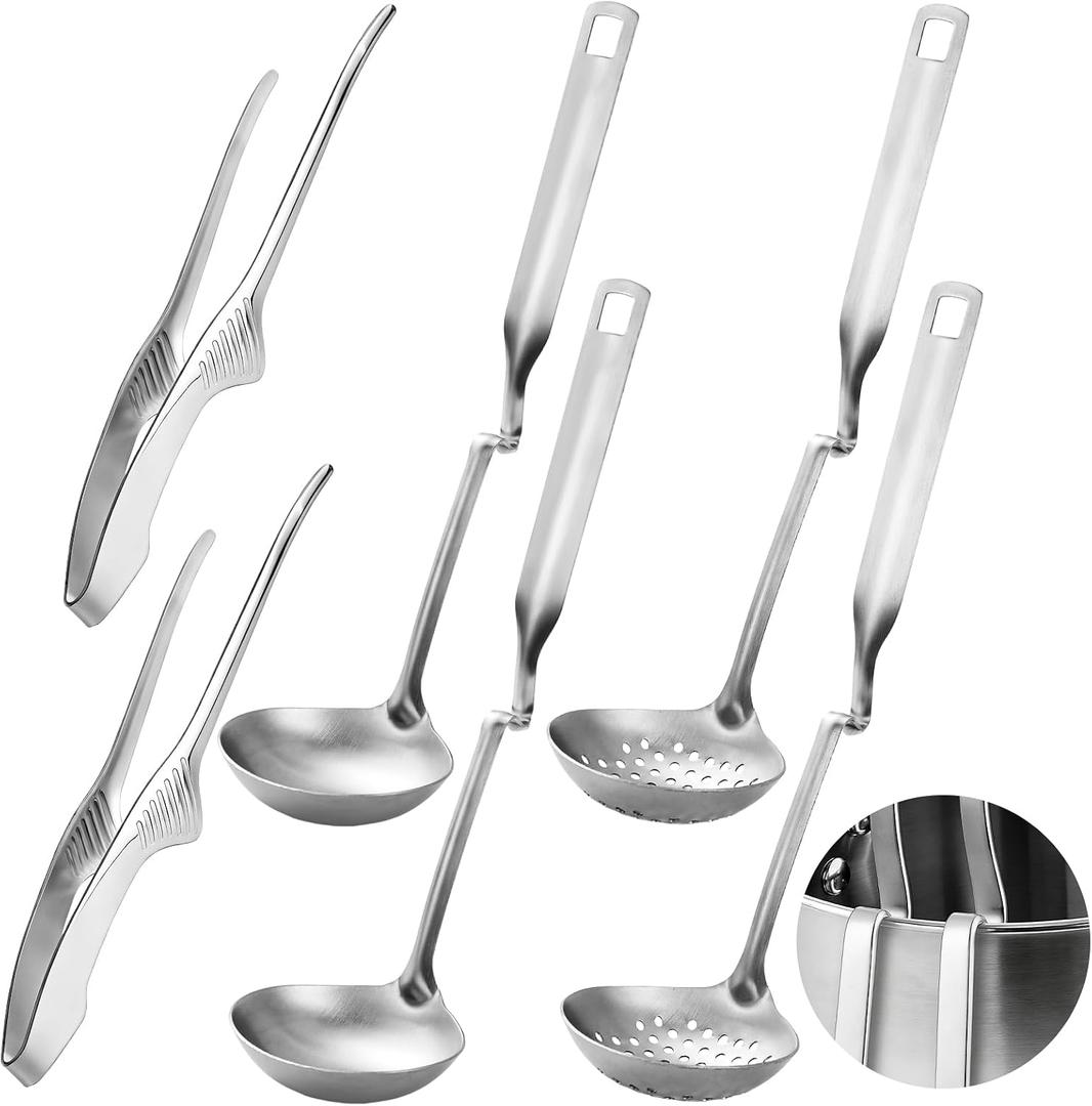 gisgfim 6 PCS Hot Pot Slotted Ladle Set Stainless Steel Soup Ladle BBQ Hotpot Tongs Kit Non Slip Cooking Utensils Stainless Hot Pot Accessories Shabu Shabu Utensils Strainer Set Skimmer Cookware Set
