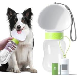 Dog Water Bottle Bowl and Dog Poop Bag Dispenser Holder with 1 Roll Bag for Pets Outdoor Walking, Hiking, Traveling (White Green-12OZ)