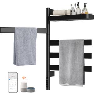 Smart Rotating Heated Towel Rack, 4-Bar, Matte Black | Wall-Mounted Electric Towel Warmer, Swivel Shelf, Wi-Fi App Control, 24H Timer, Stainless Steel